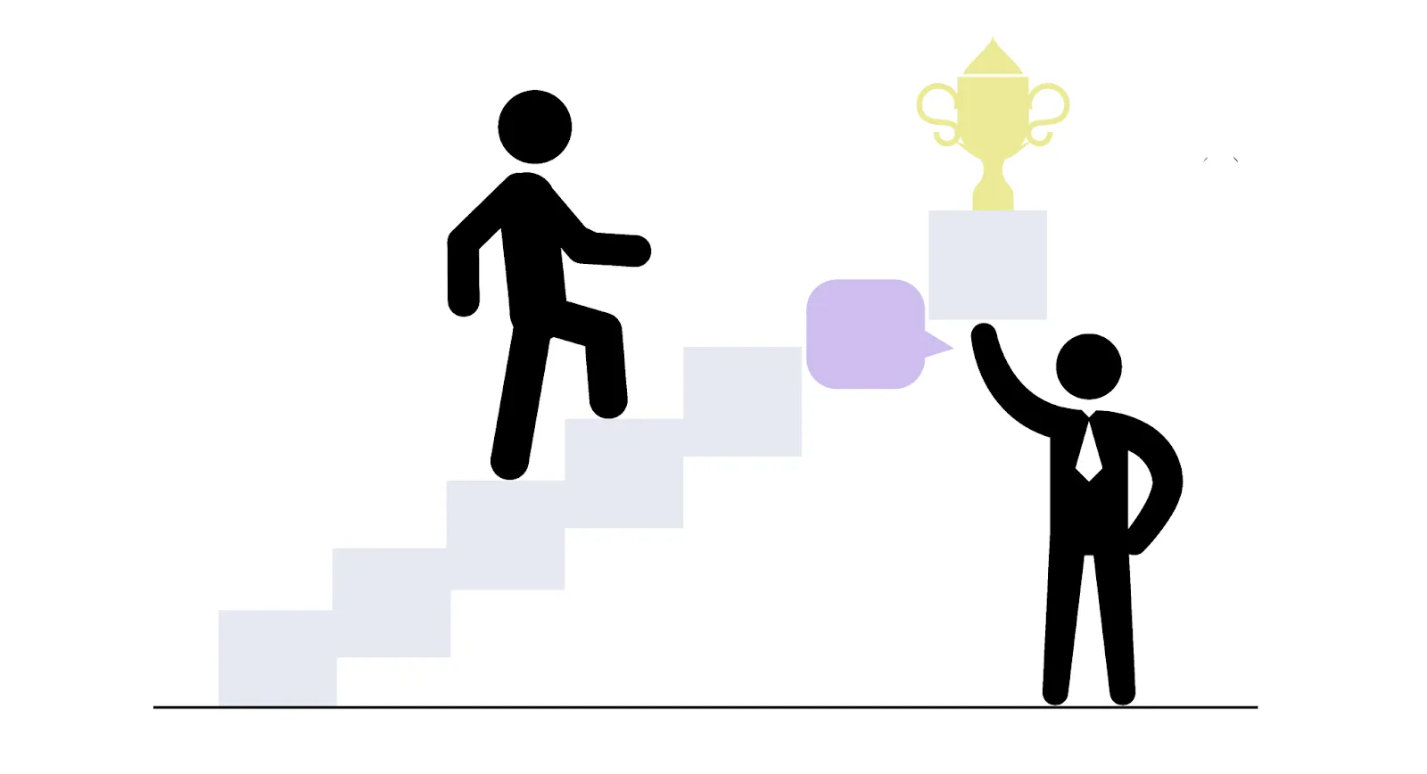 Illustration of a mentor helping someone climb stairs toward a trophy, representing expert partnership