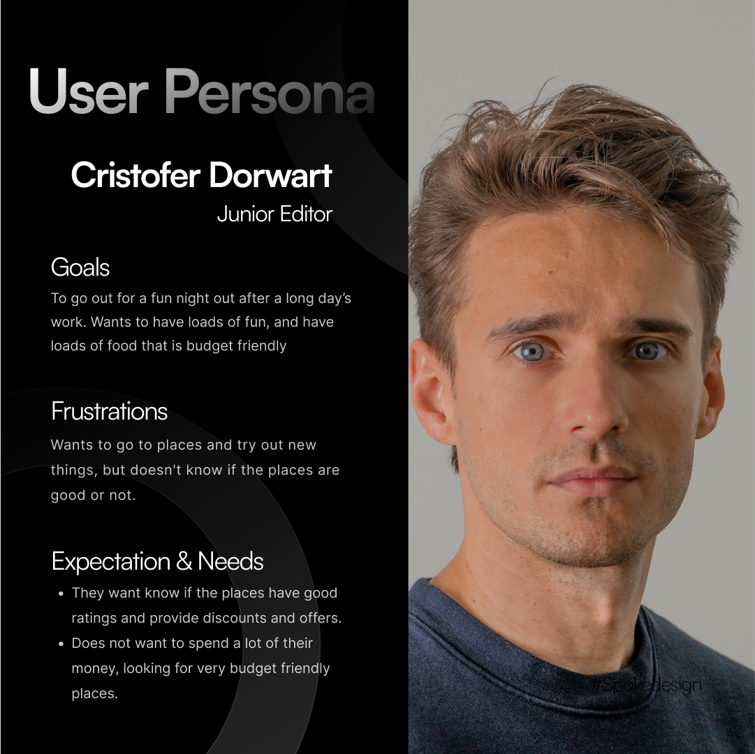 User persona card for Cristofer Dorwart, a junior editor, with goals, frustrations and needs