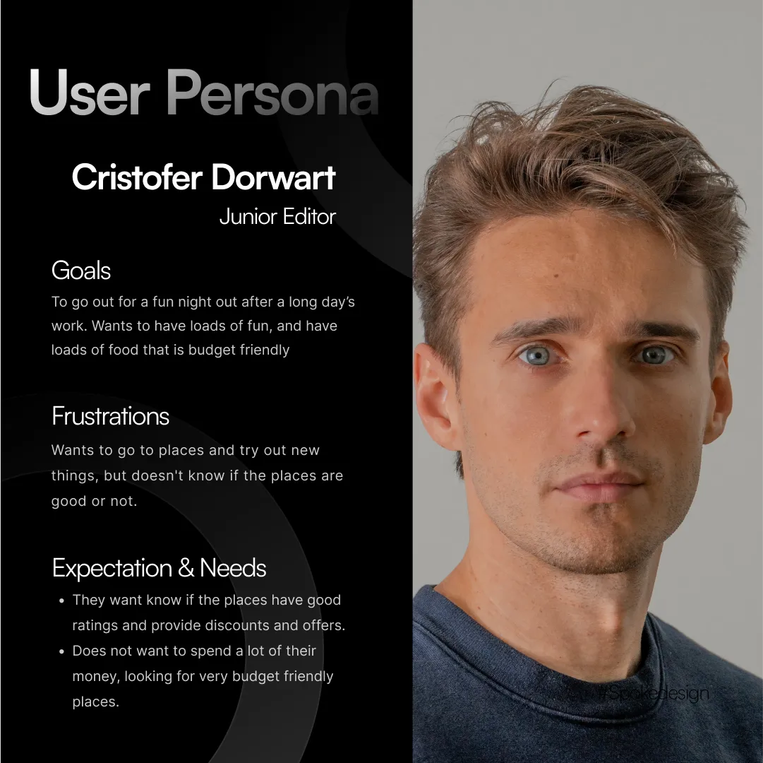 User persona card for Cristofer Dorwart, a junior editor, with goals, frustrations and needs