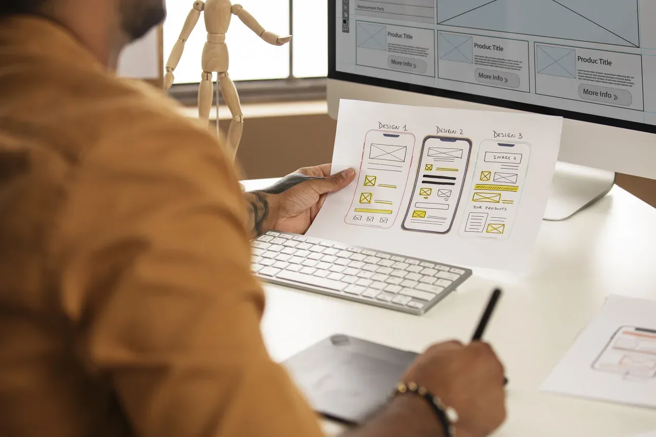 Person working at a computer, viewed from the side
