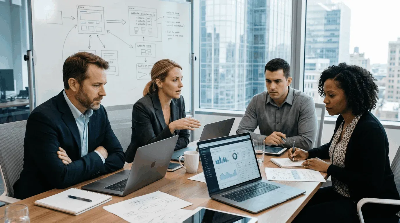 A corporate US team sitting around a conference table analyzing website redesign analytics and performance charts on laptops.