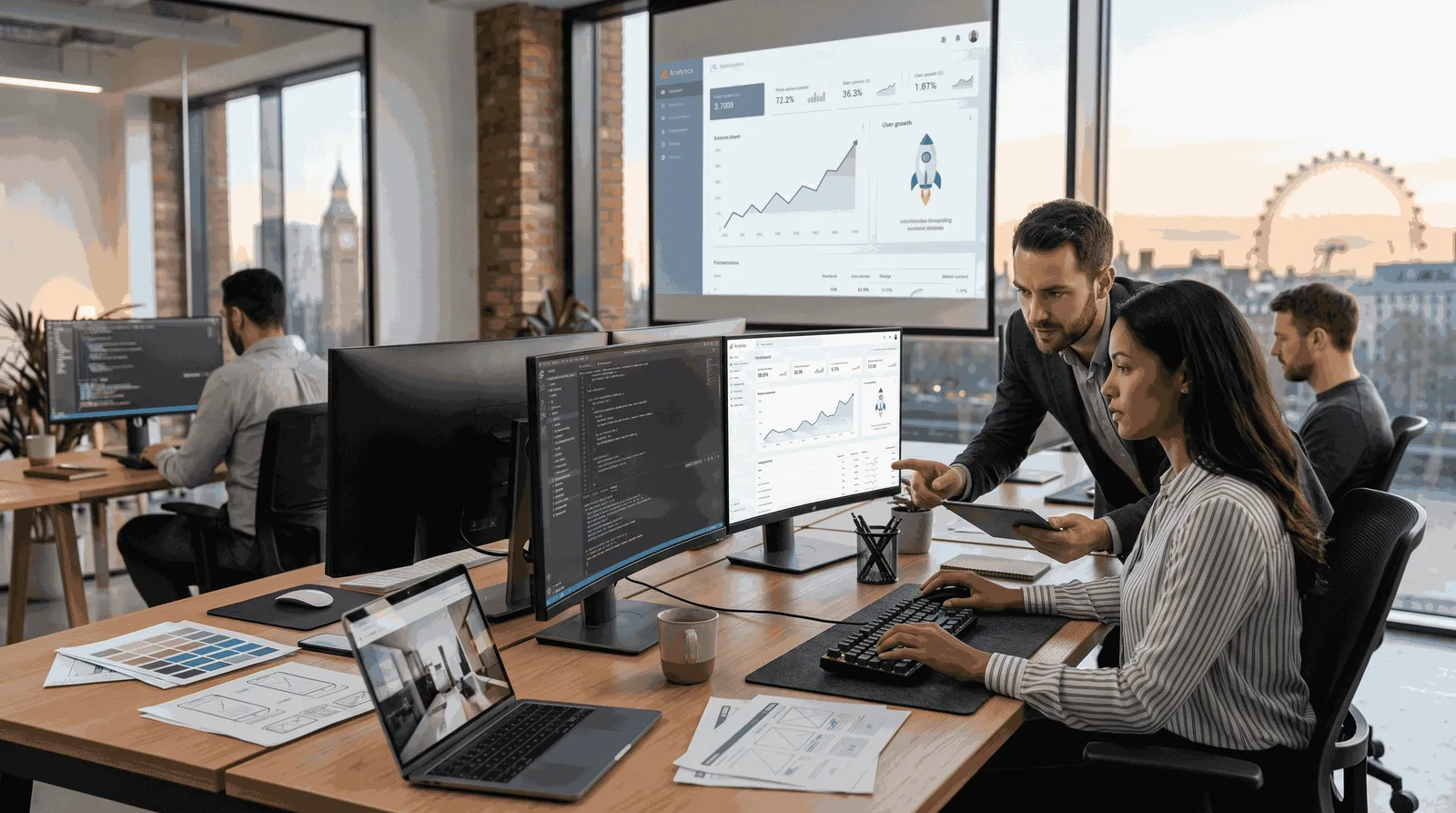 A photo of a diverse team of professionals collaborating in a modern office. They are gathered around a desk with multiple computer monitors displaying analytical charts, code, and diagrams. In the background, large floor-to-ceiling windows offer a view of the London skyline at sunset.