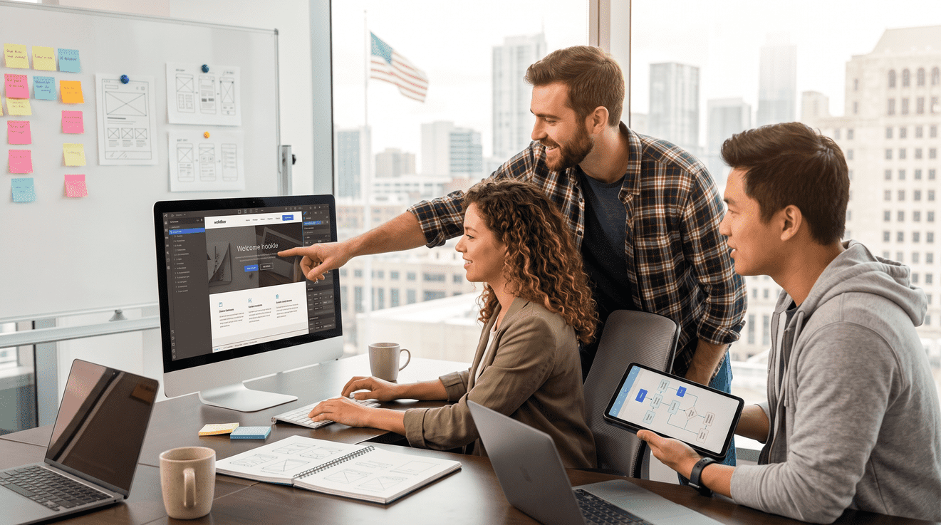 A diverse team of three coworkers collaborating on web design in a modern office with a city view.
