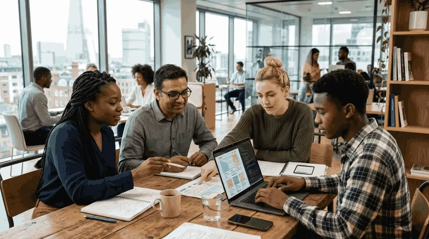 A diverse team of four colleagues collaborating on a laptop and paper sketches during a design meeting in a modern, sunlit office with a city view