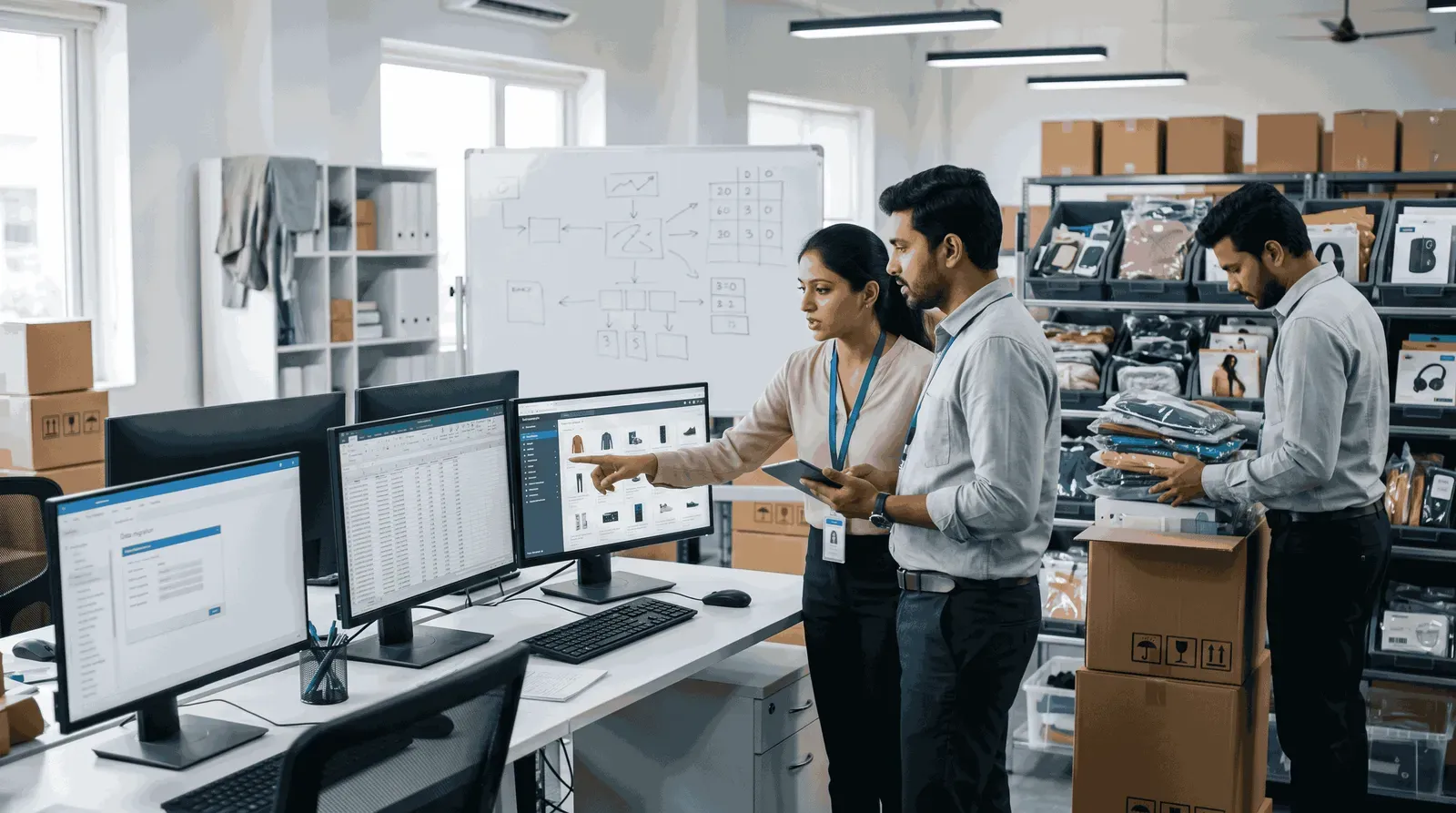 Indian team managing product inventory in an e-commerce warehouse.