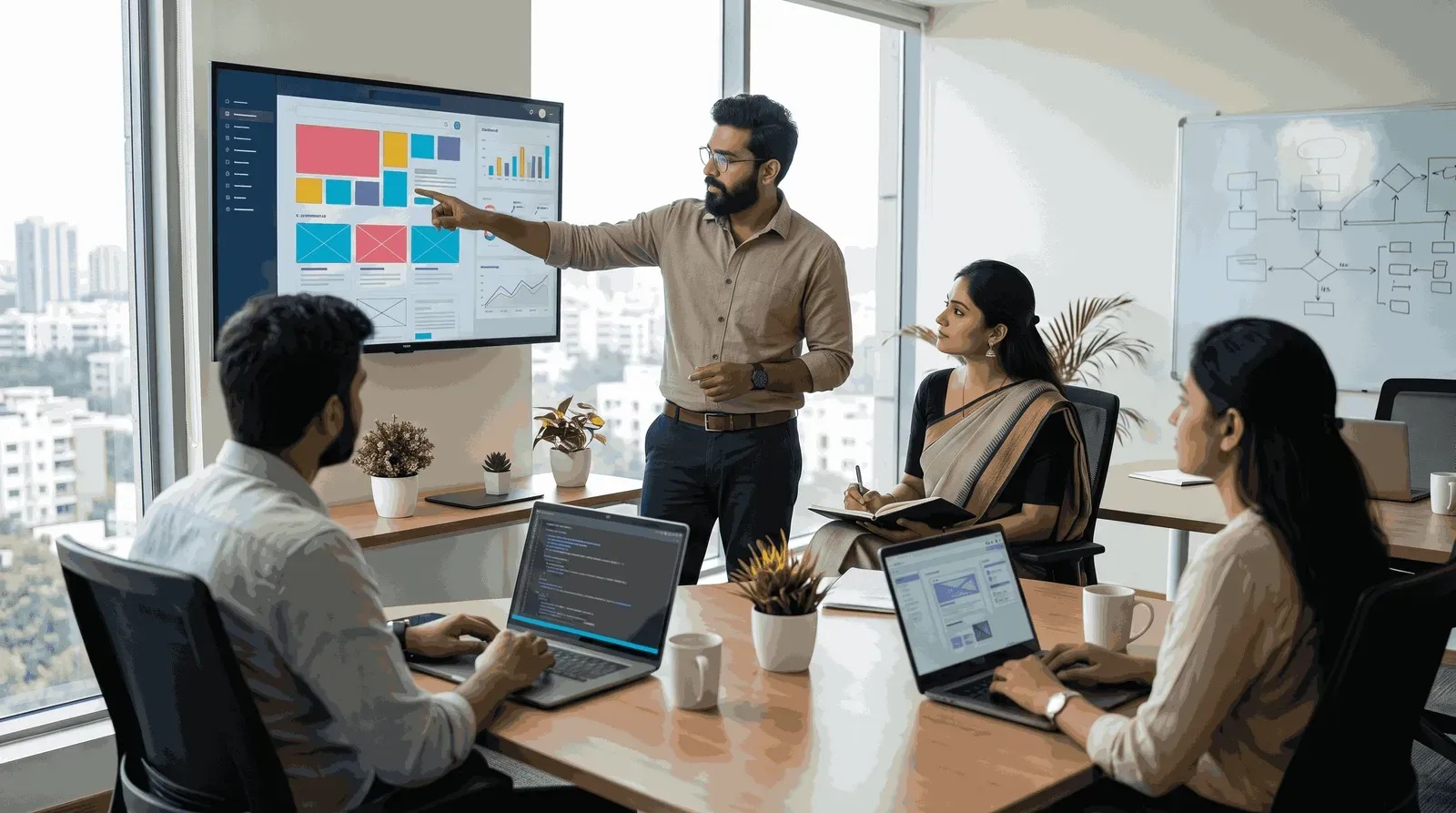 A South Asian developer presents project dashboards and UI layouts on a large monitor to his team in a modern urban office.