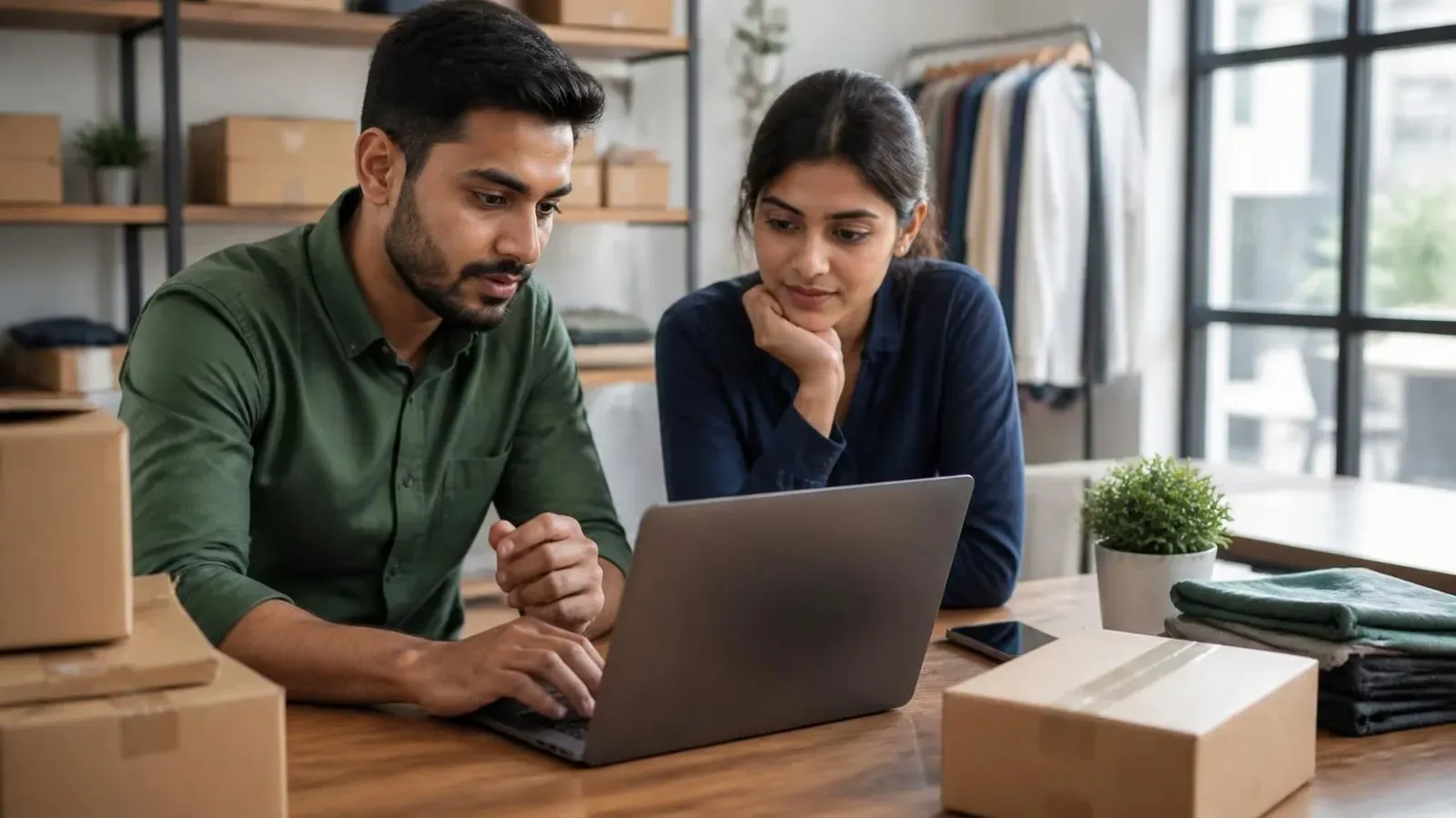 Indian business owners reviewing an online store laptop