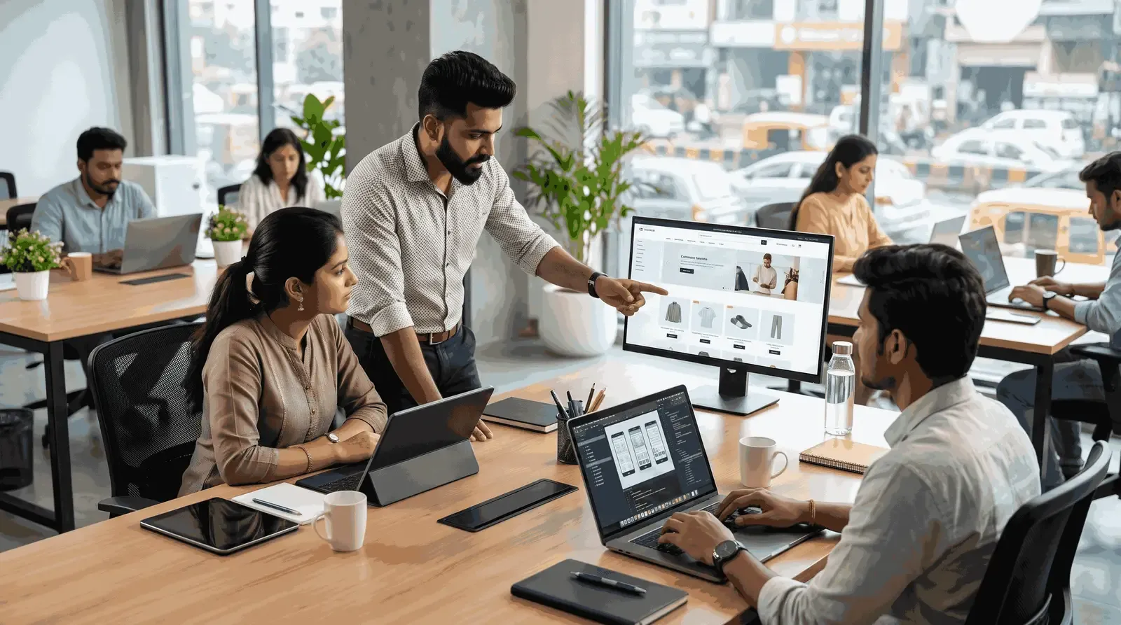 A team of Indian web developers collaborating on an e-commerce website design in a modern office.