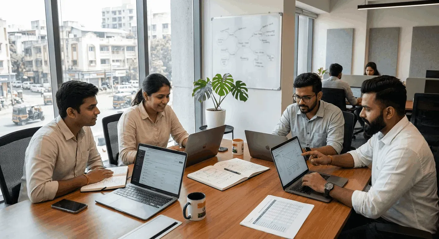Indian e-commerce team collaborating around a laptop in a modern office, discussing Shopify product variants and catalog strategy.