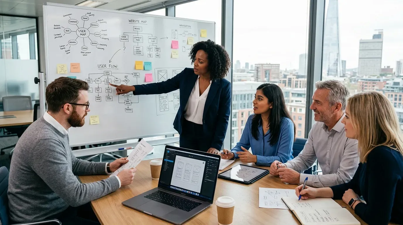 Diverse UK corporate team analyzing a simplified website navigation flow on a whiteboard during a B2B web strategy meeting in a modern office.