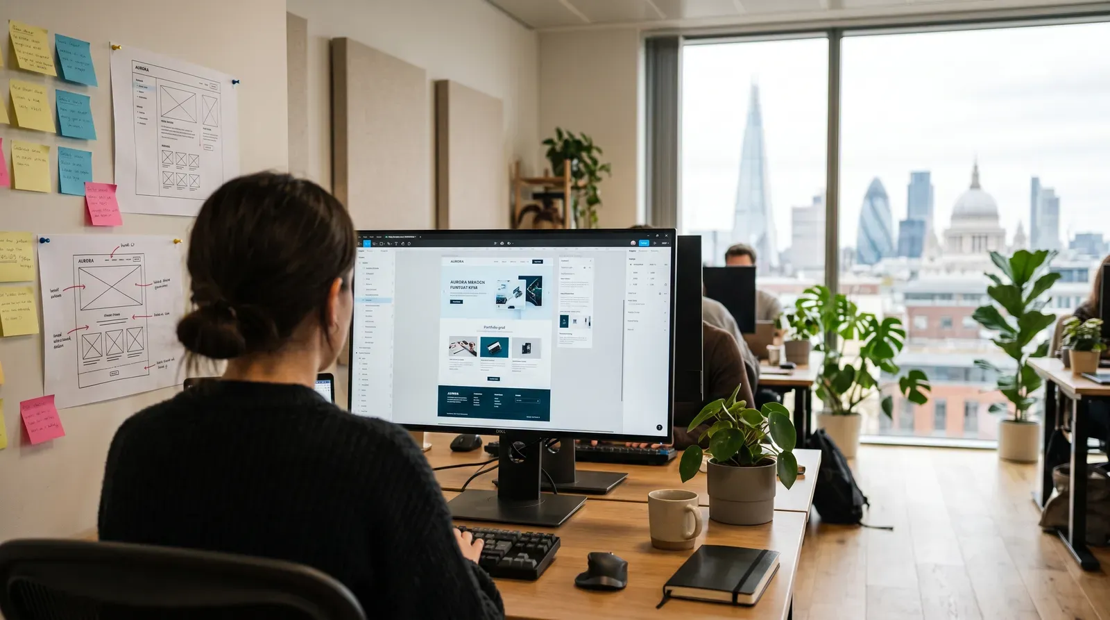 Over-the-shoulder view of a web designer working on a modern website layout on a large desktop monitor. The workspace features printed wireframes and sticky notes pinned to the wall, with a bright, softly blurred London skyline visible through a large window on the right.